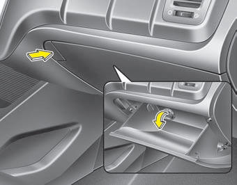 To open the glove box, push the button (1) and the glove box will automatically