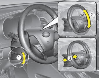 To change the steering wheel angle, pull down the lock release lever (1), adjust